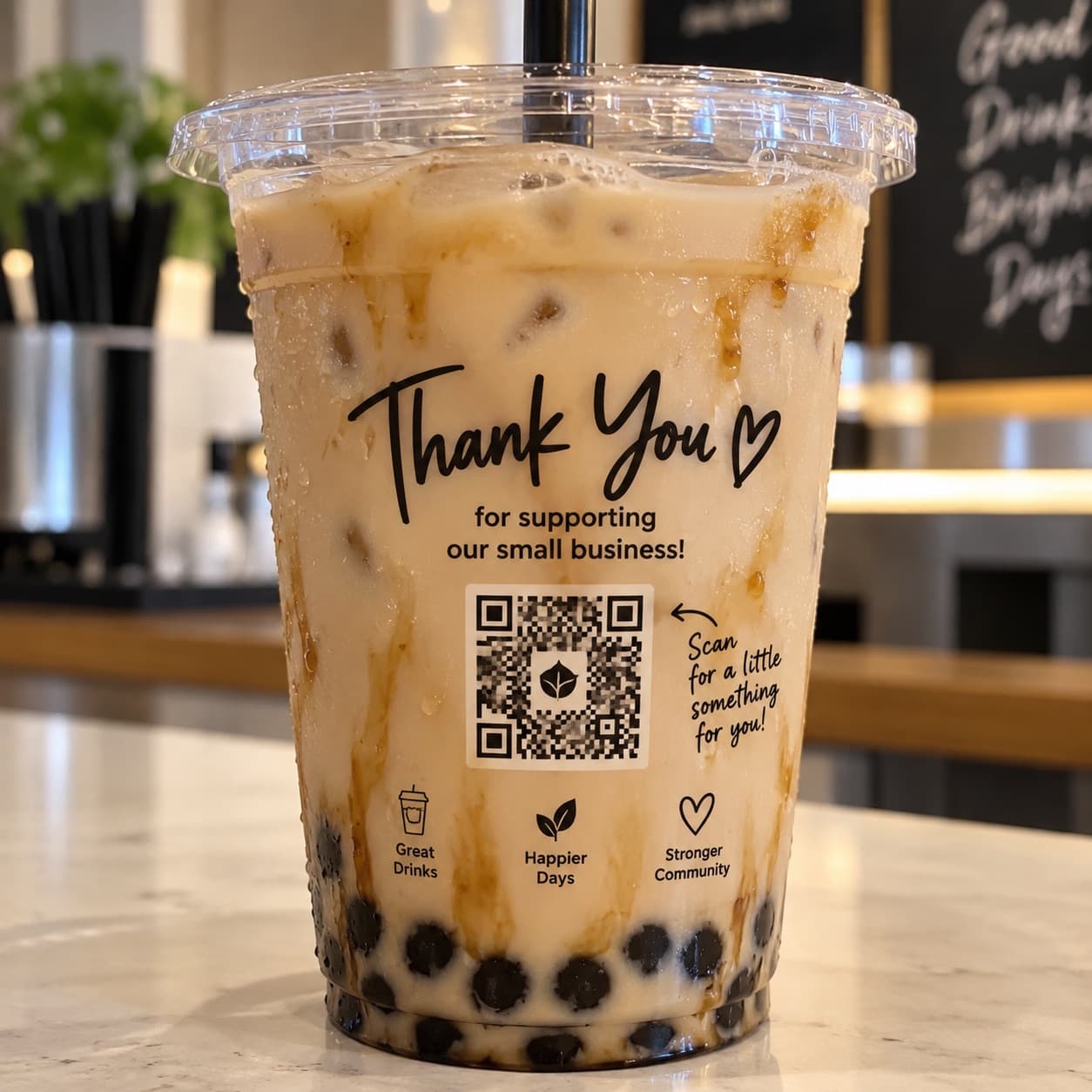 A drink cup with a Thankly gift QR code printed on the sleeve