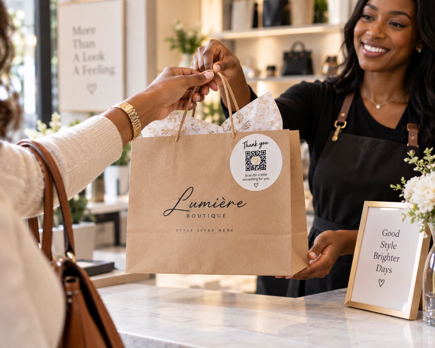A customer receiving a takeaway bag at a shop counter